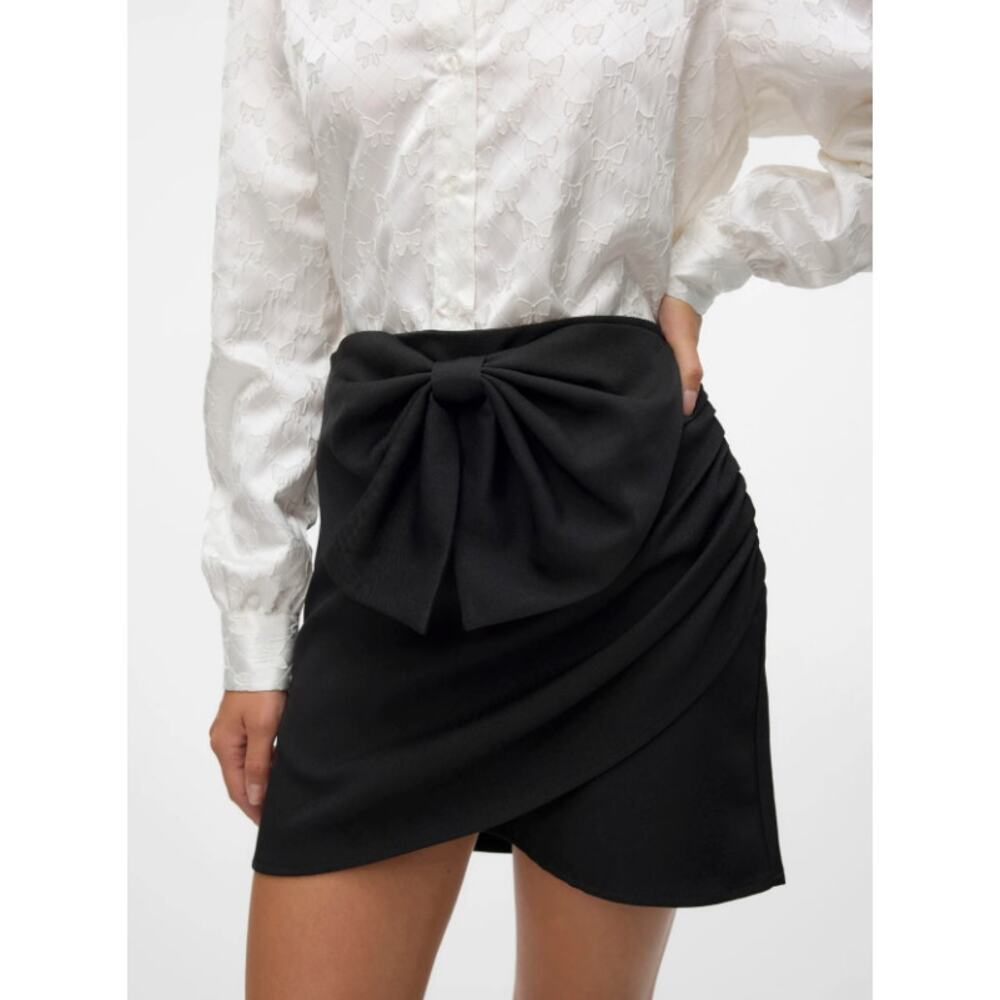 Vero Moda Bow Mini Skirt Womens 10 Black Draped Preppy Coquette Feminine Party